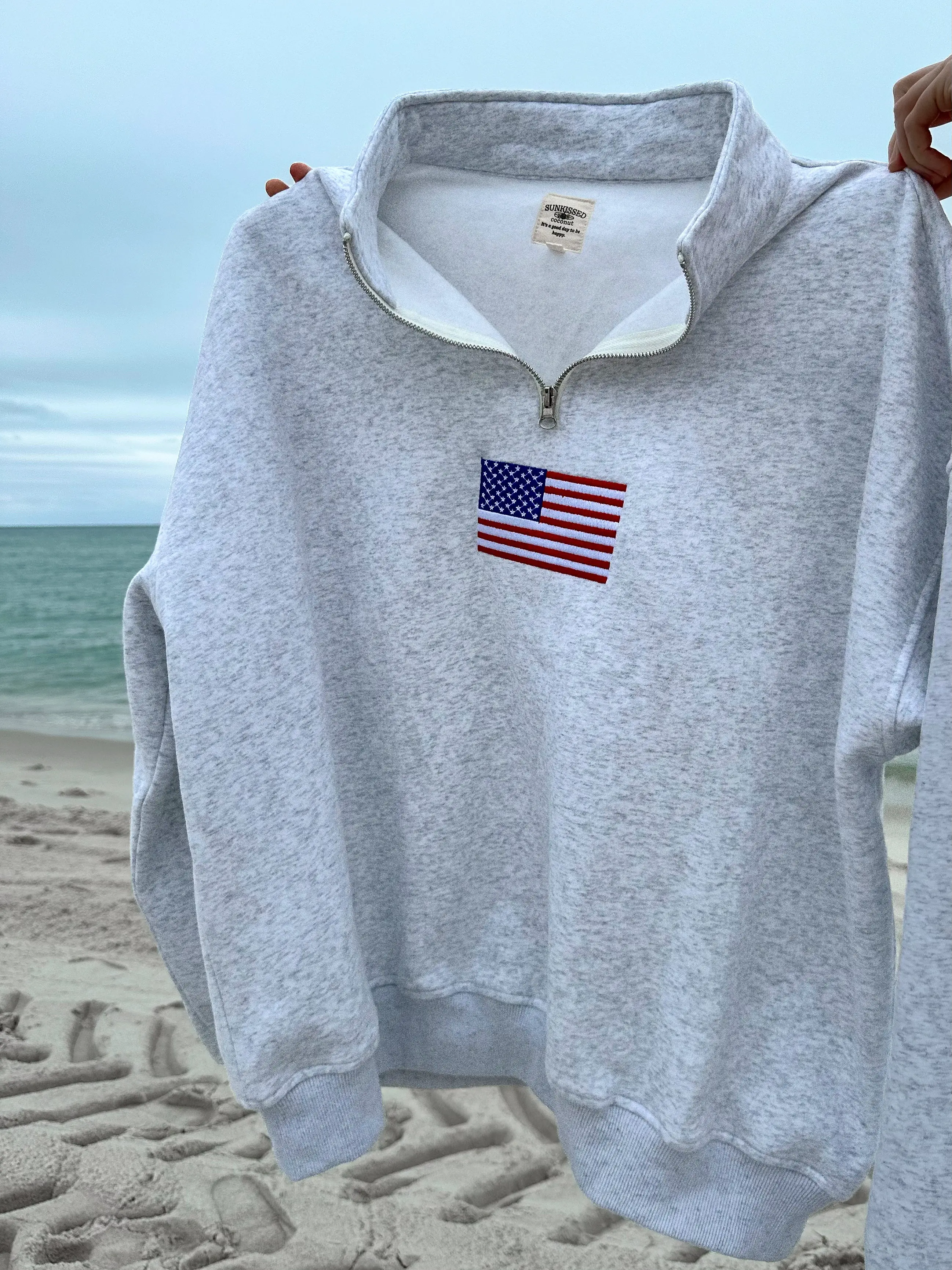 Pearl Grey Vintage American Flag Quarter-Zip Sweatshirt