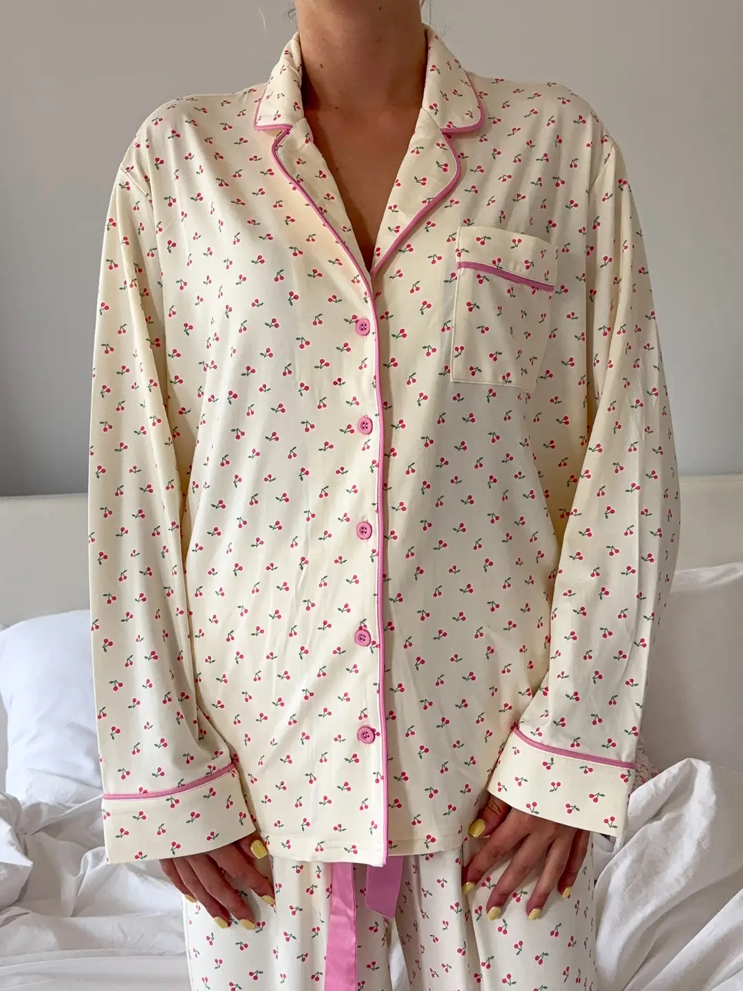 Cherries All Over Long Sleeve Button Up Pajama Top
