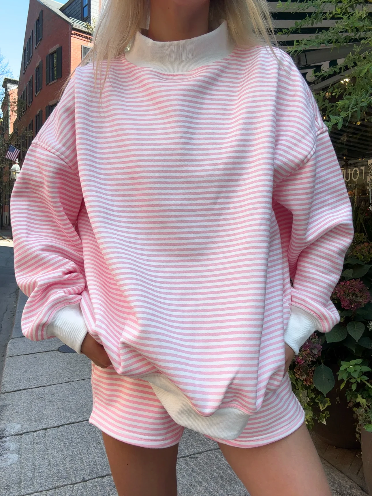 Light Pink and White Big Striped Mockneck Sweatshirt
