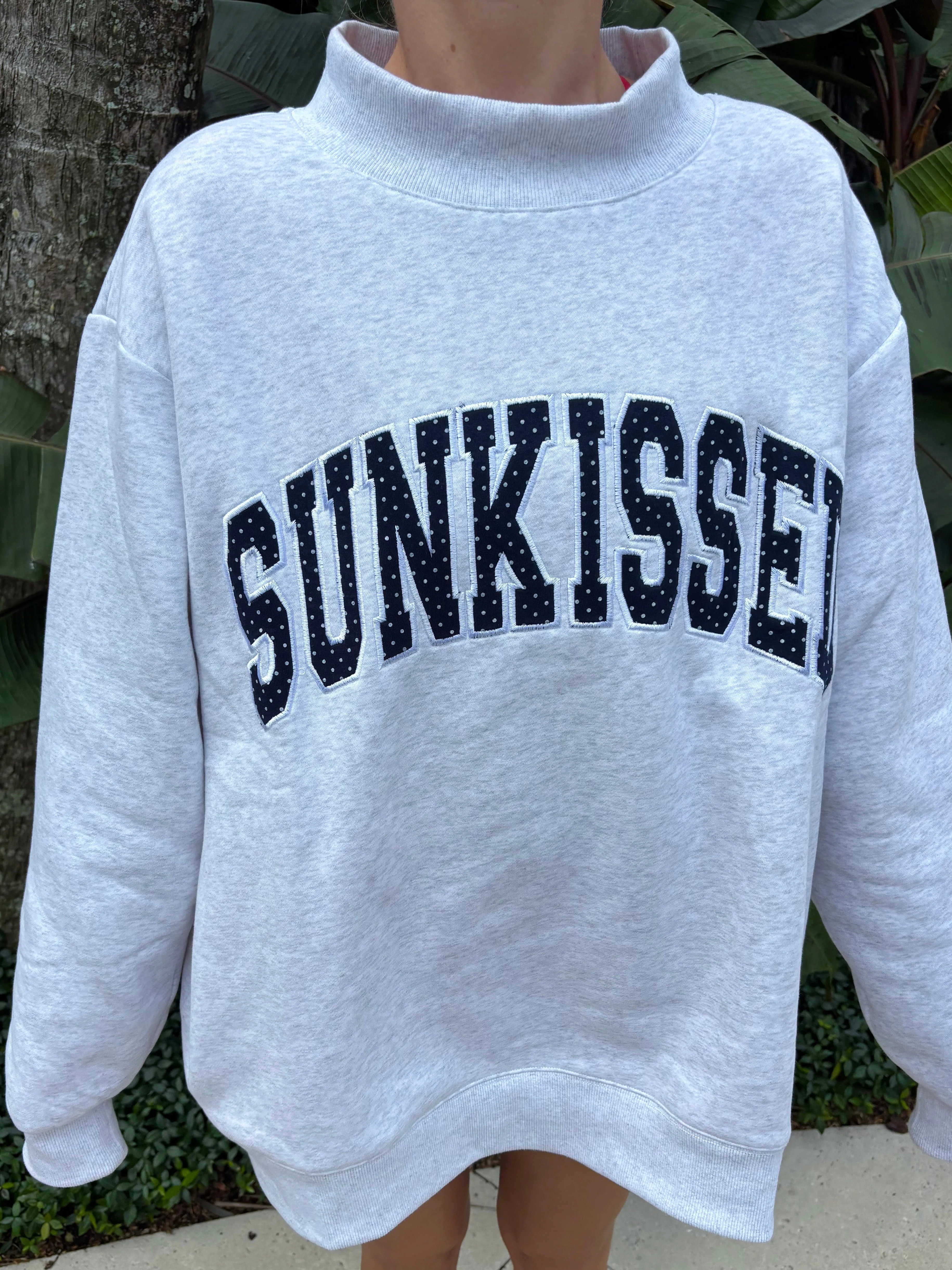Pearl Grey Navy Blue Polka Dot SUNKISSED Mockneck Sweatshirt