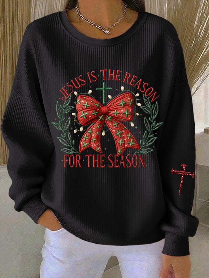 Women's JESUS IS THE REASON FOR THE SEASON Print Knit Crew Neck Long Sleeve Top