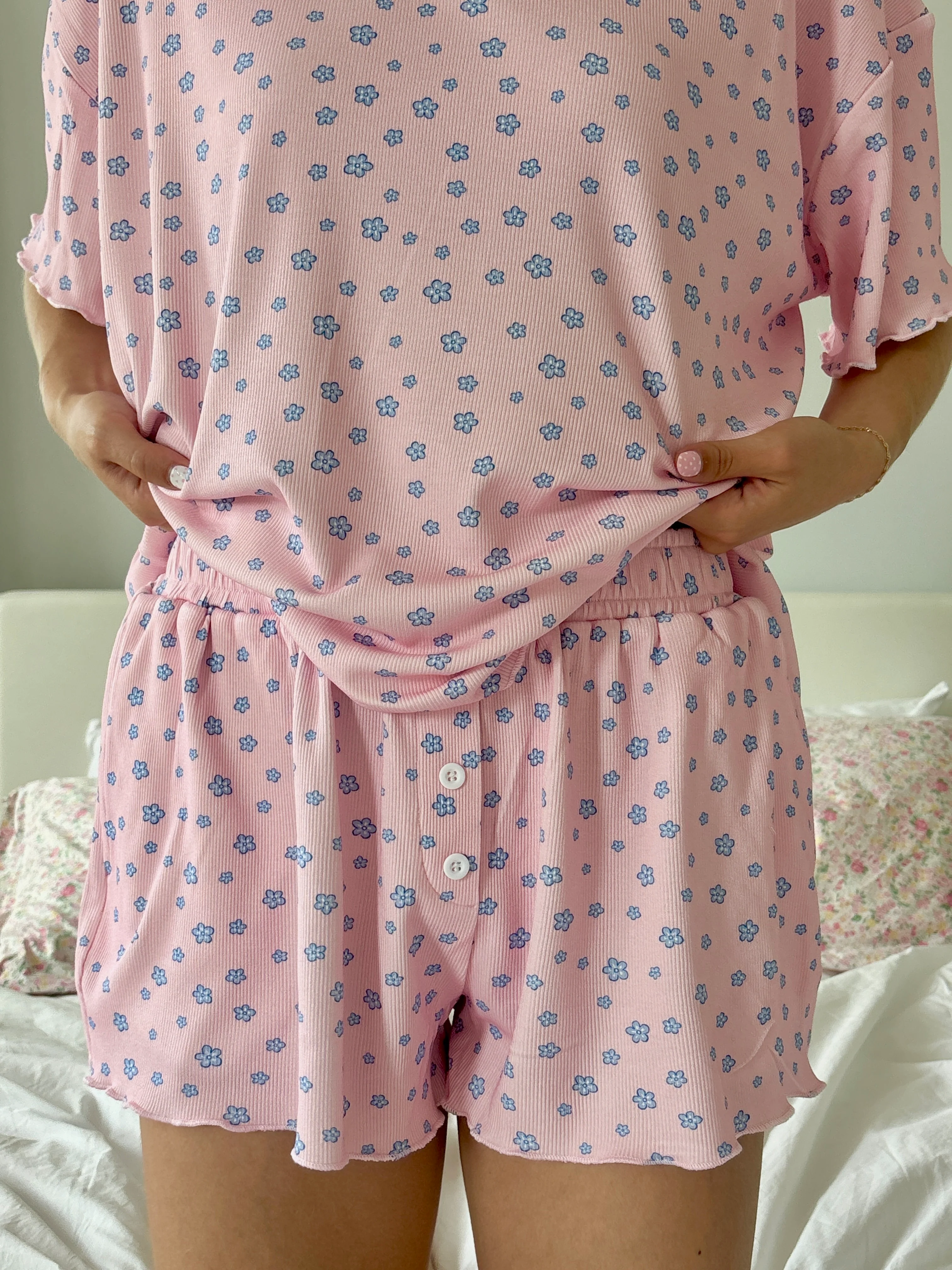 Light Pink Lilo Blue Floral Pajama Shorts