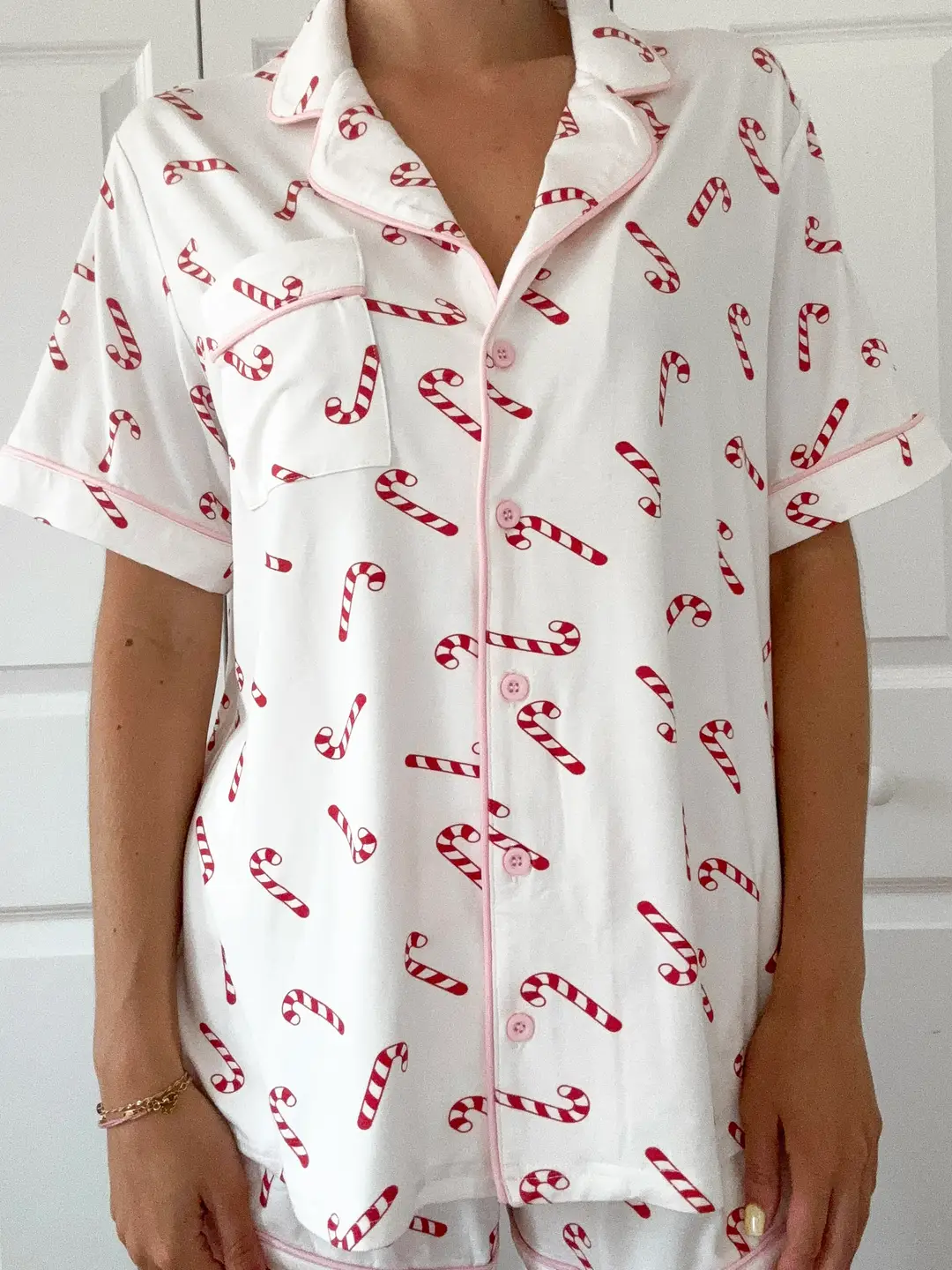 Candy Cane Holiday Christmas Short Sleeve Button Up Pajama Top