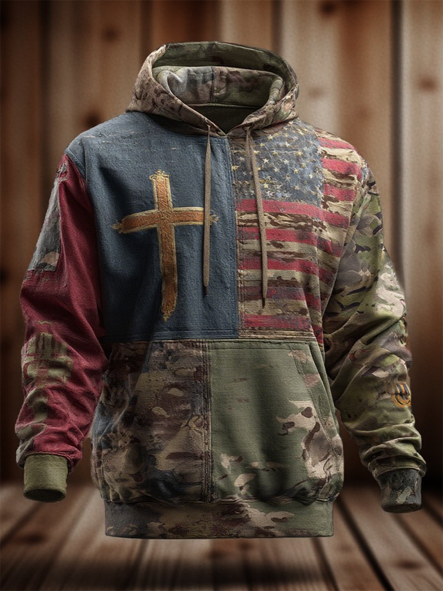 Men's Vintage Casual American Flag Cross Faith Hoodie