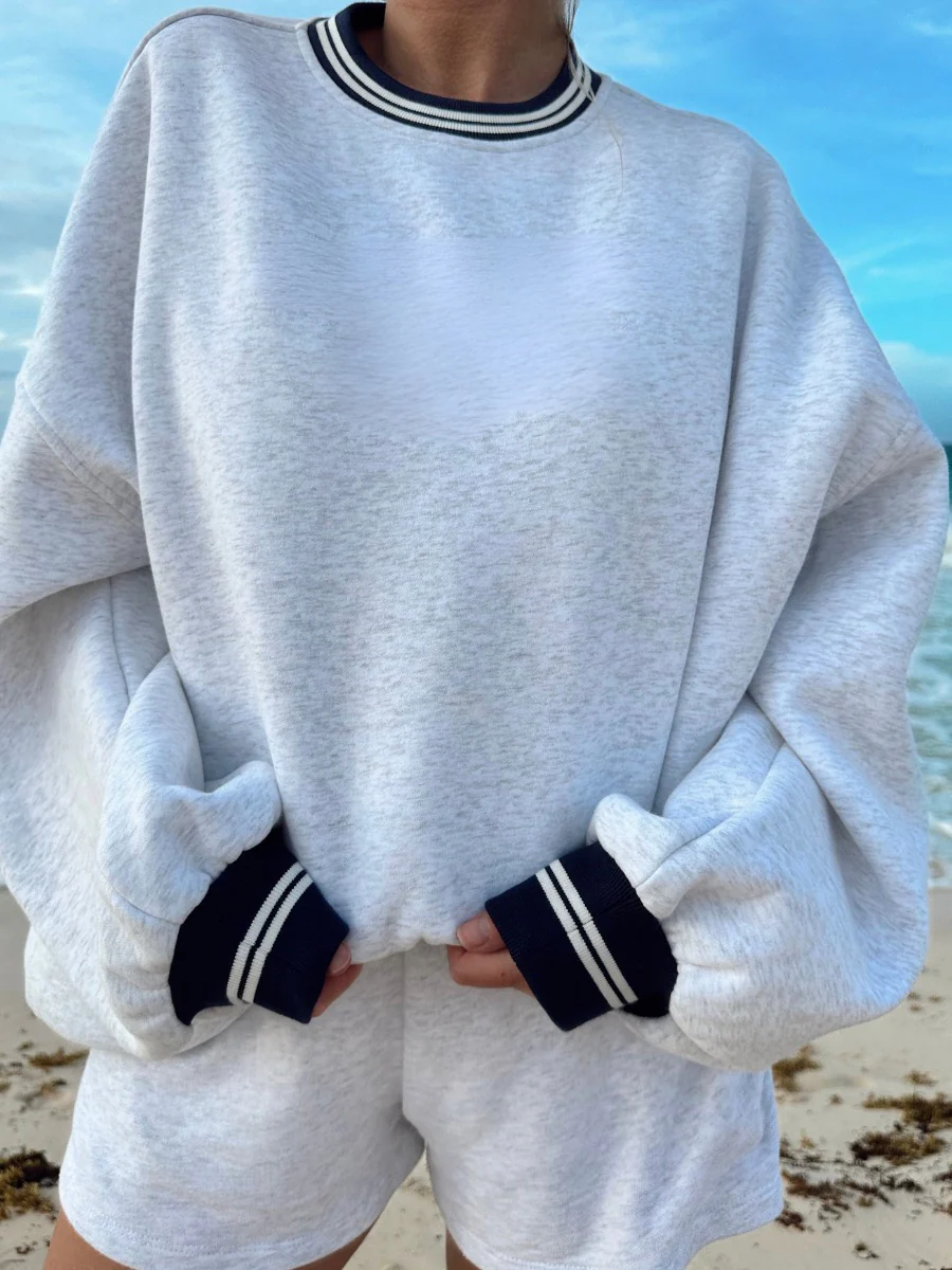 Blank Pearl Grey And Navy Preppy Crew Sweatshirt