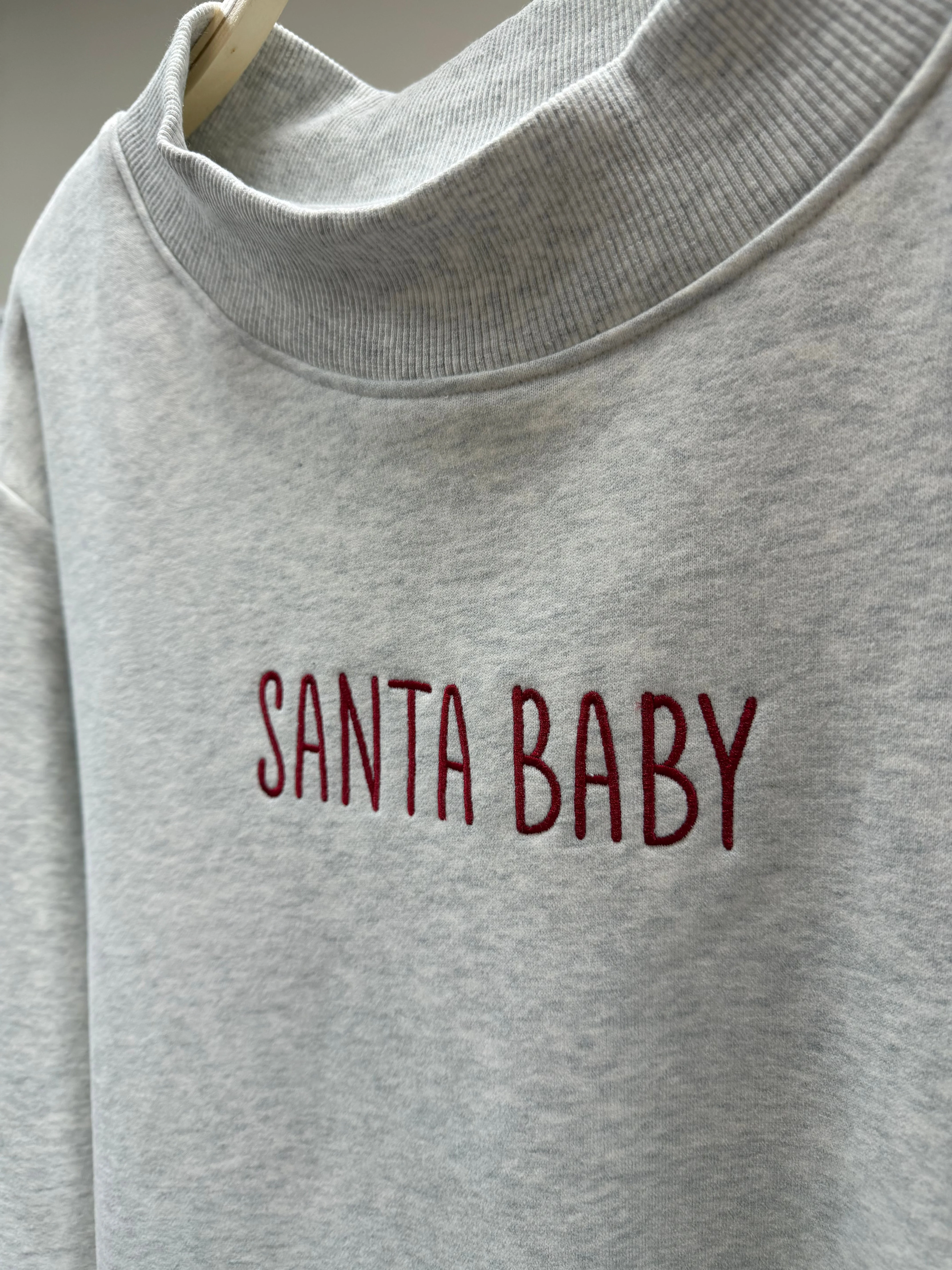 Pearl Grey Santa Baby Embroidered Mockneck Sweatshirt 100% Cotton