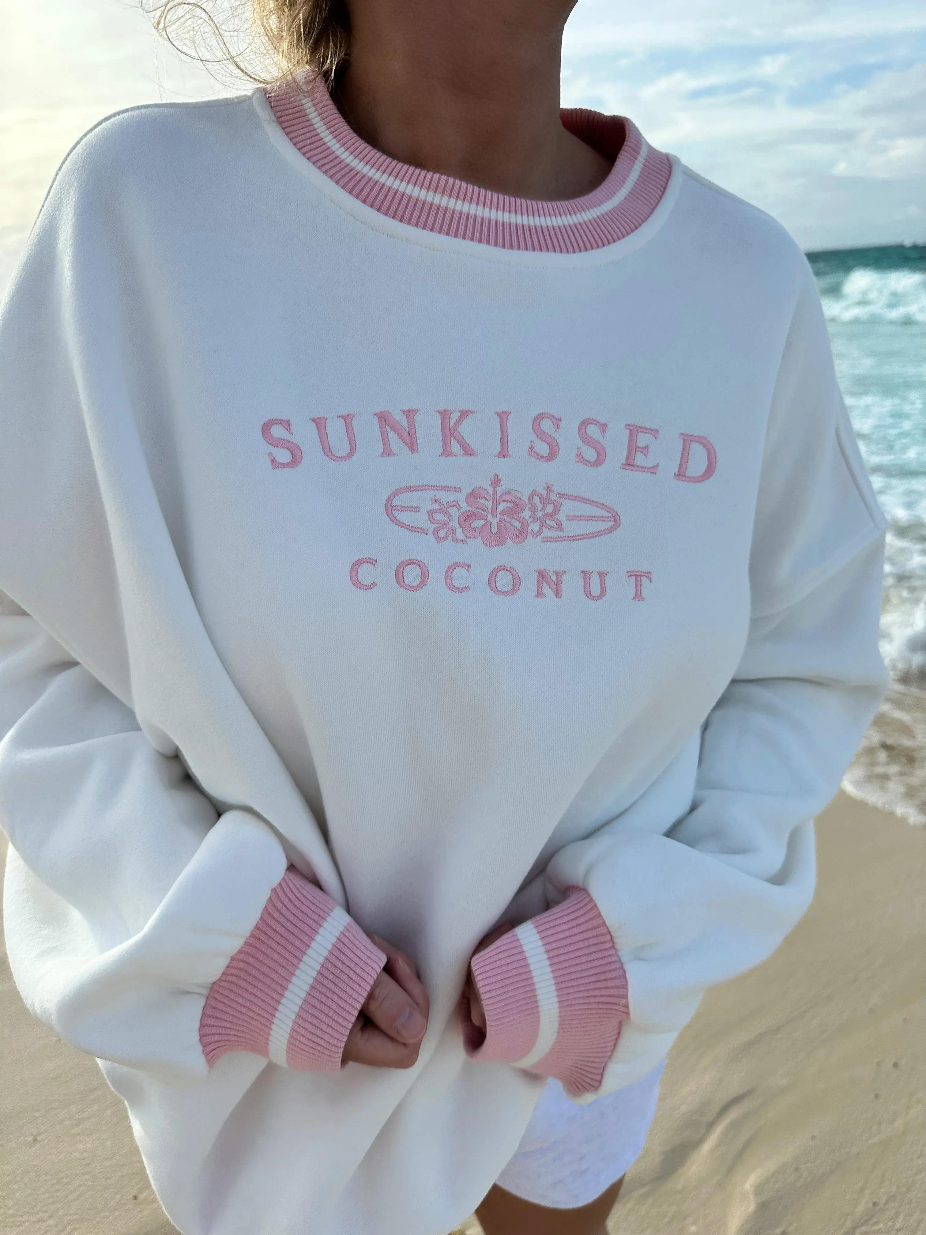 White And Pink Vintage Crew Embroider Logo Sweatshirt