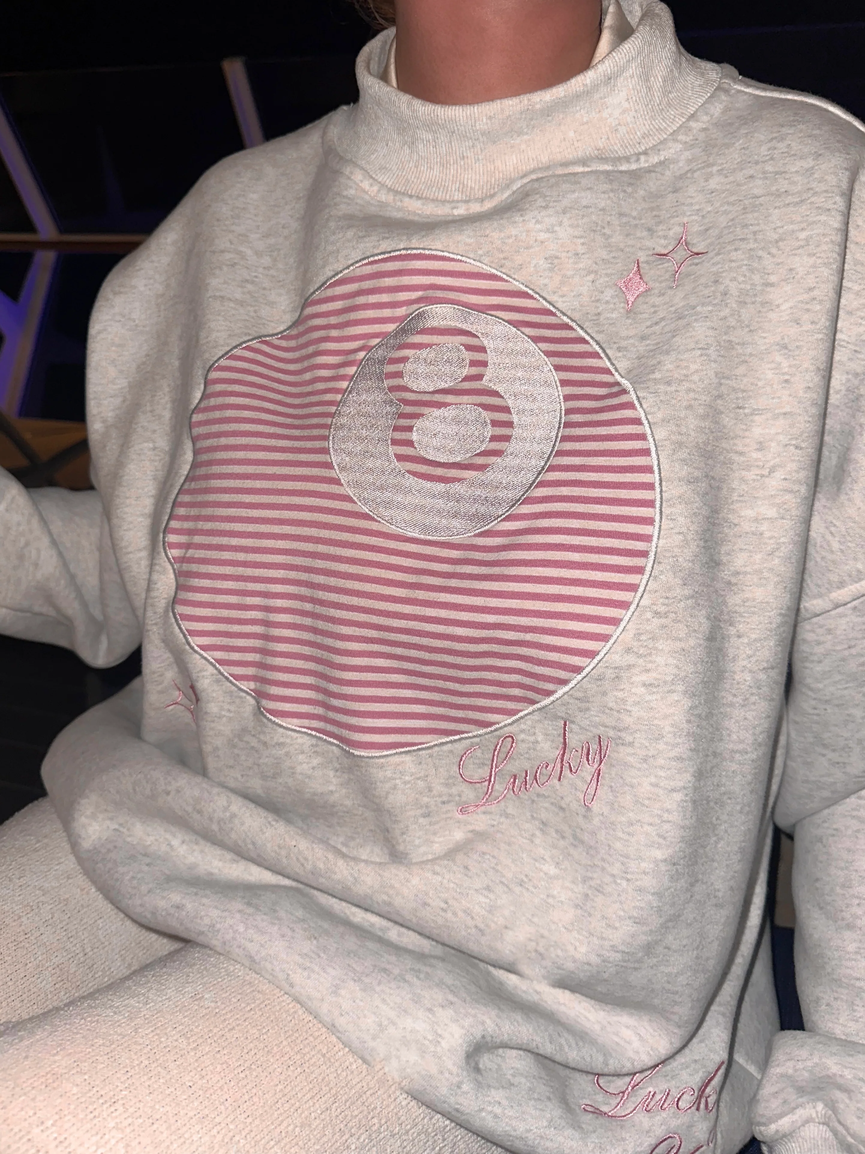 Pearl Grey Lucky You 8 Ball Mockneck Embroider Sweatshirt