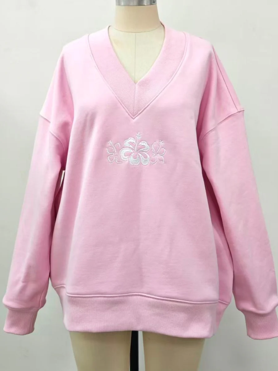 Soft Light Pink V-Neck Embroider Hibiscus Flower Sweatshirt