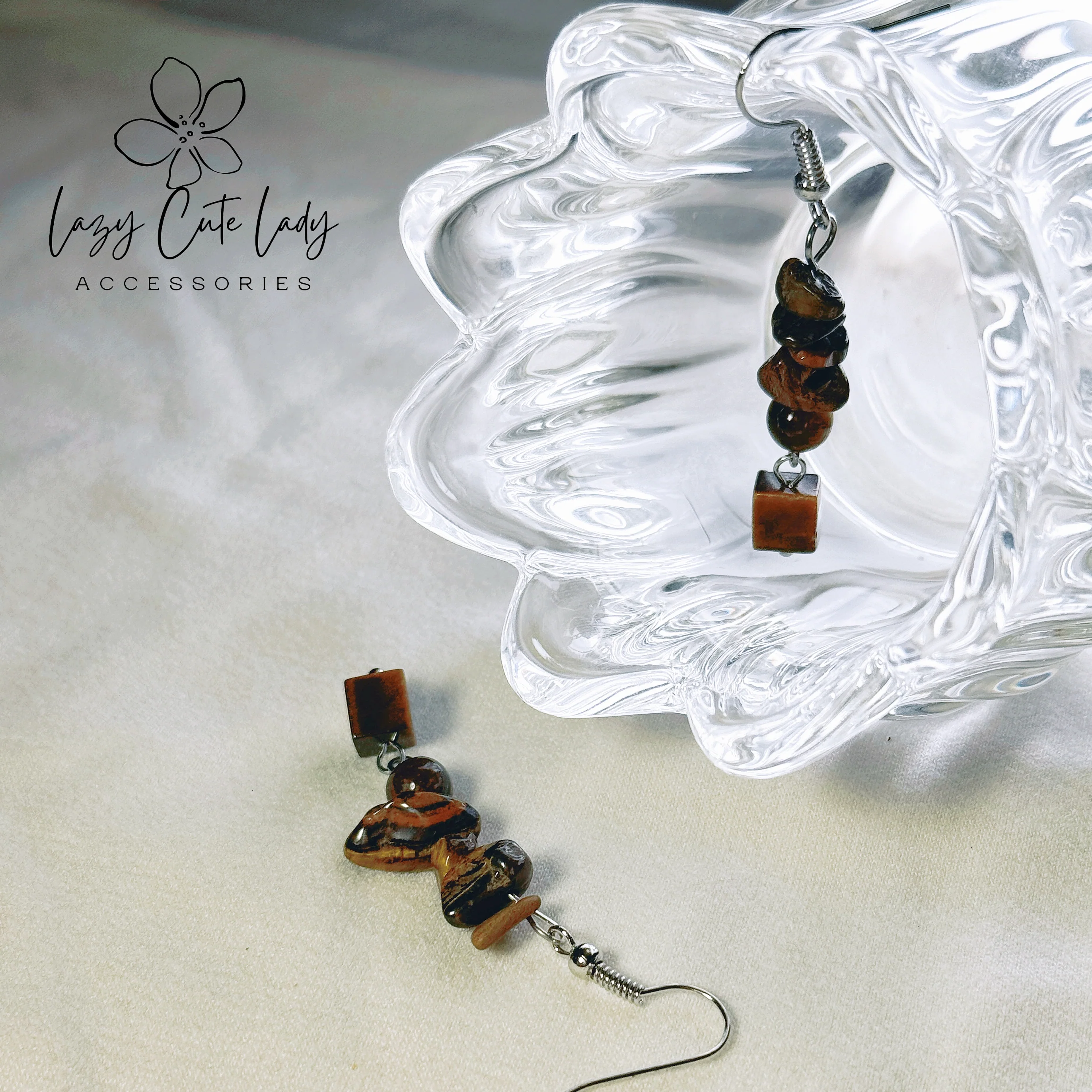 Lazy Cute Lady Accessories-Natural Elegance: Tiger's Eye Cube Drop Earrings-Natural stone jewelry-Metal allergy-friendly earrings Fashion Earrings- Gift - for girl for women