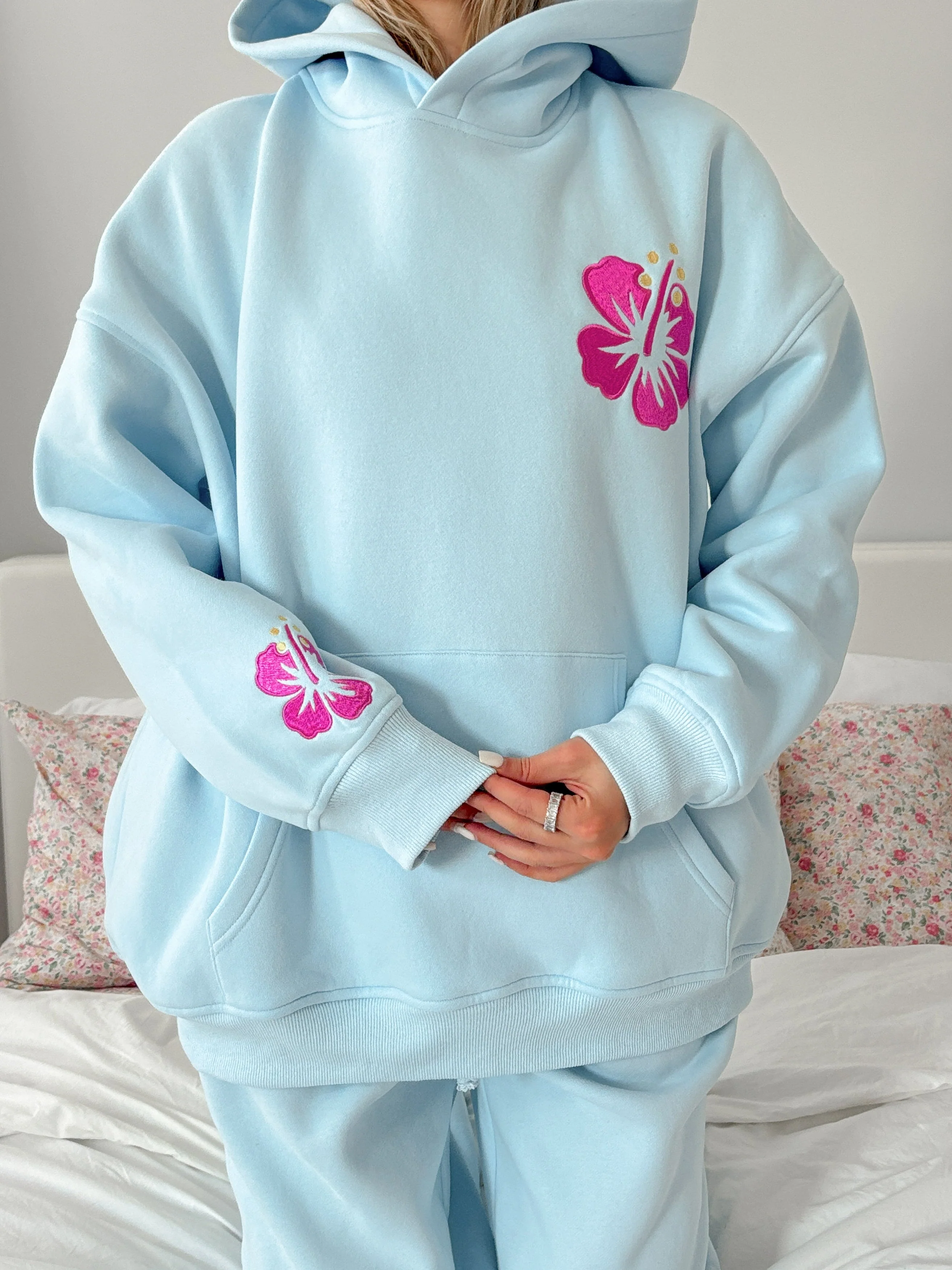 Icy Blue Hibiscus Flower Beach Babe Embroider Hoodie