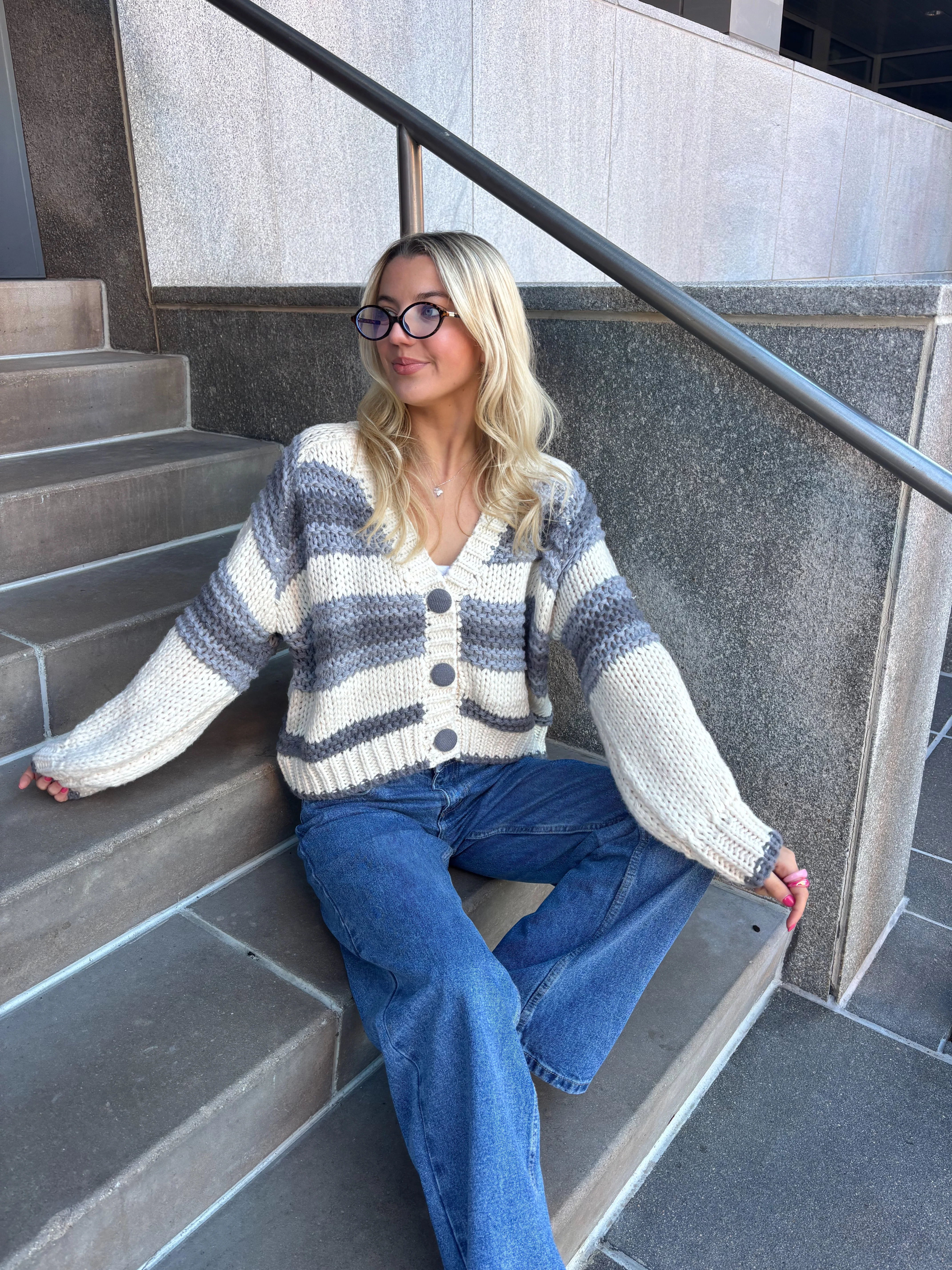 Chunky Blue Button Up Cardigan Sweater