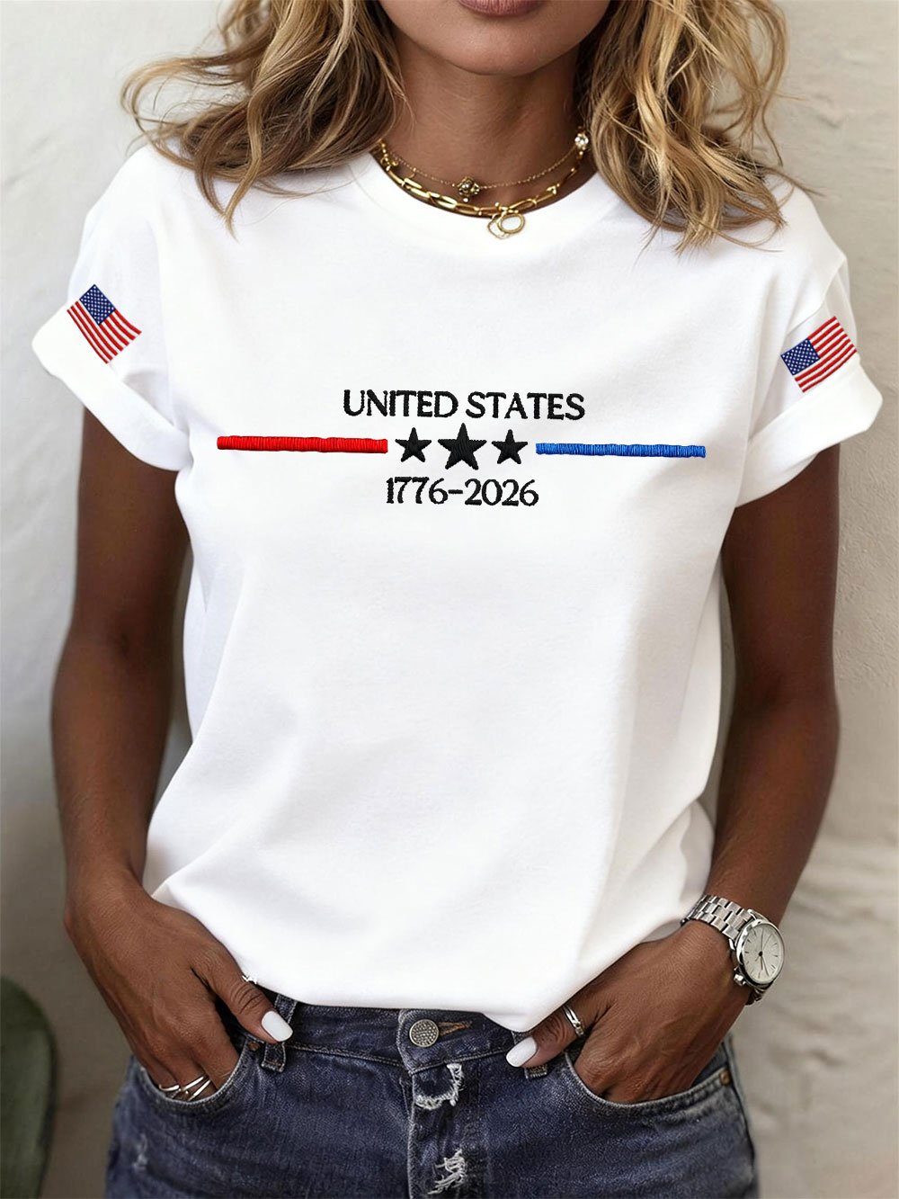 Women’s USA 250th Anniversary Embroidered Print Crew Neck Short Sleeve T-Shirt